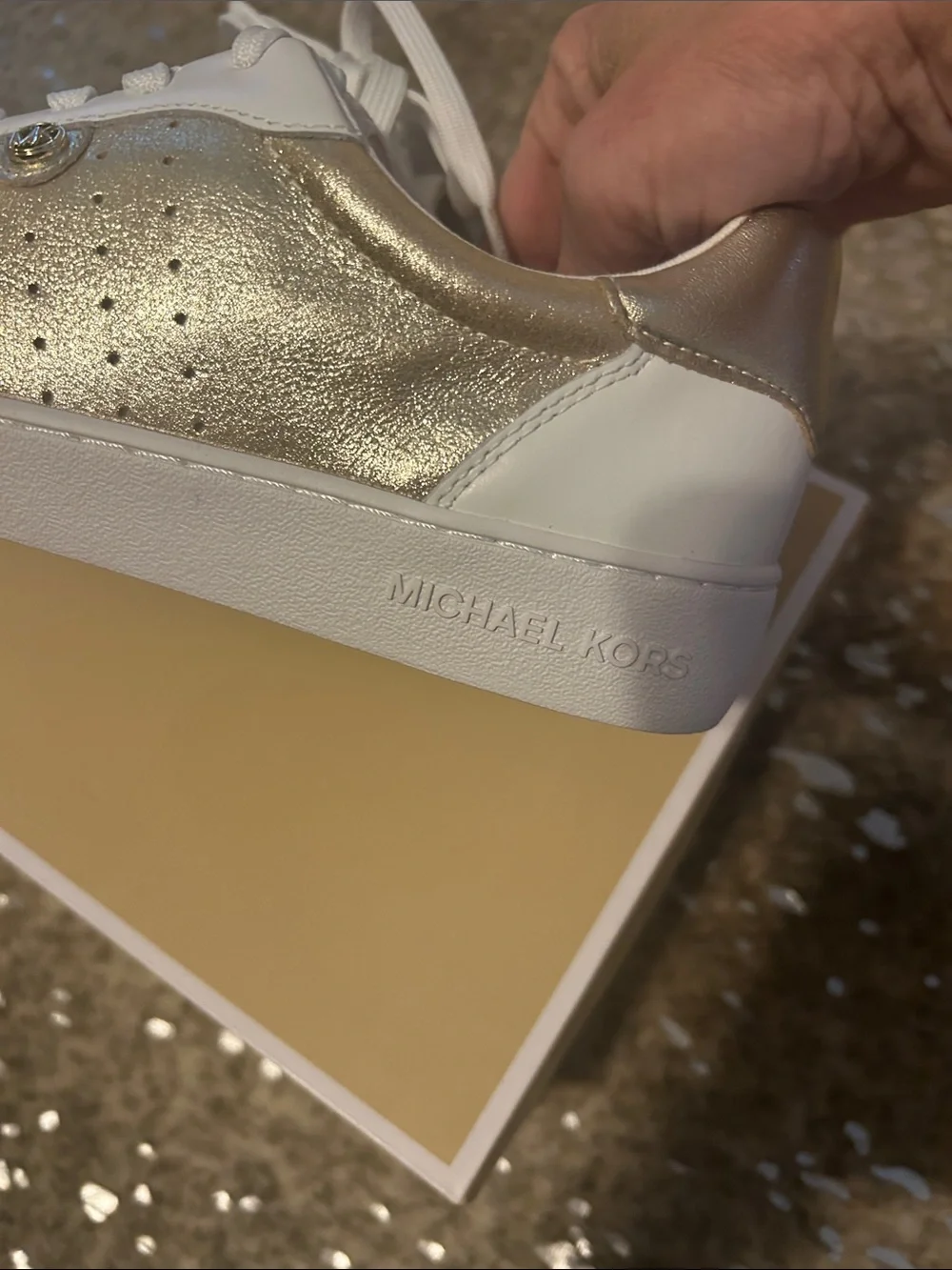 Michael Kors White and Gold Leather Low-Top Sneakers